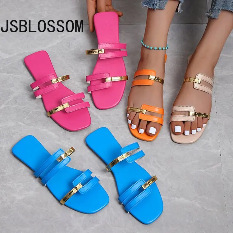 

Women Metallic Detail Slide Sandals 2023 Summer New Outdoor Slippers design Sandy Beach Open Toe Sandals Leisure Flat shoes