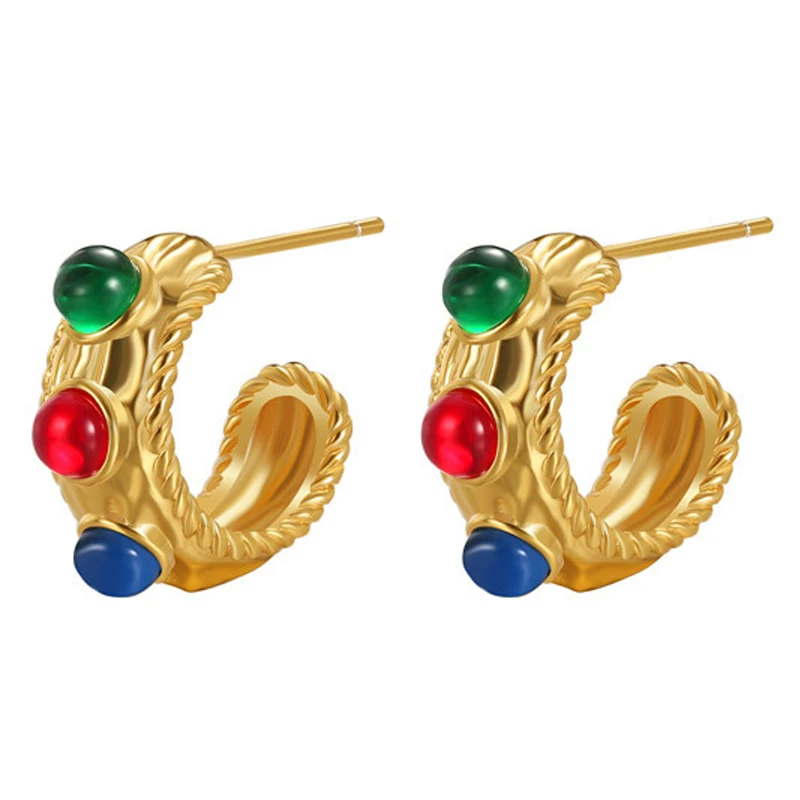 

Vintage Charms Colorful Red Blue Green Gem Piercing CC Stud Earrings For Women Gift Party Trendy Jewelry Accessories