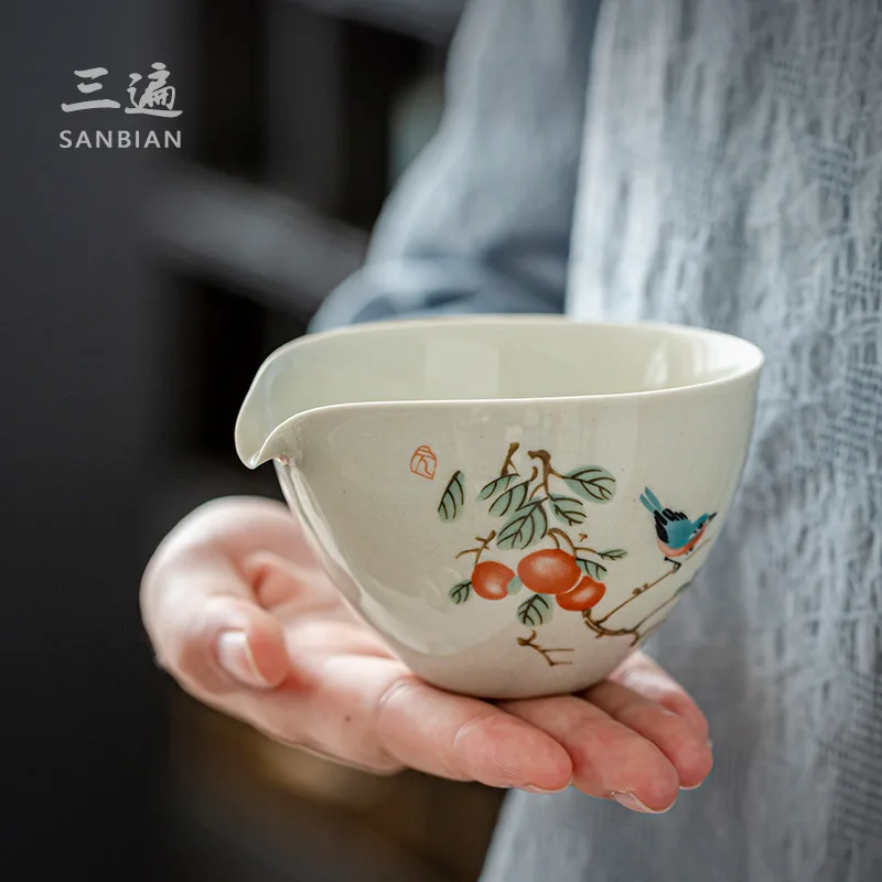 

★★Three Times Jingdezhen Grass Ash Hand Drawn Tea Pitcher Porcelain Kung Fu Tea Set Average Cup Tea Serving Pot Fair Mug Simple