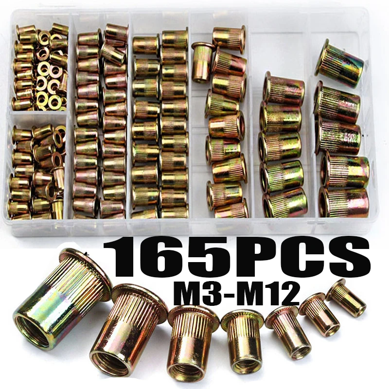 

165PCS Zinc Plated Knurled Nuts Rivnut Flat Head Threaded Rivet Insert Nutsert Cap Rivet Nut Kit M3 M4 M5 M6 M8 M10 M12
