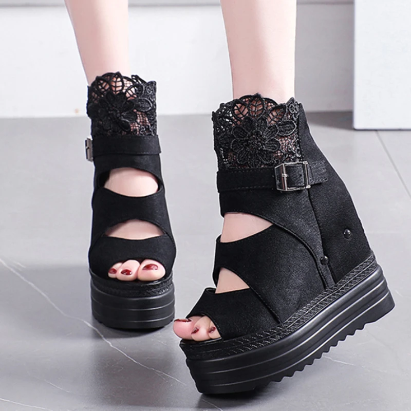 

Height Increasing Chunky Sandals Women Buckle Embroidery Platform Gladiator Sandals Woman Peep Toe Hidden Wedges Shoes