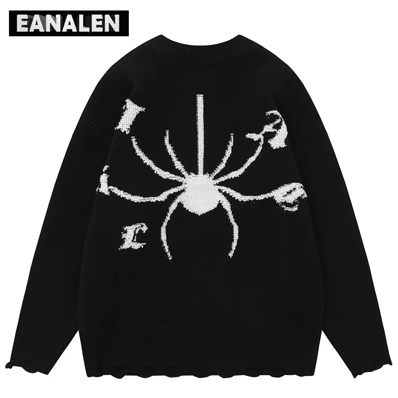

Harajuku Black Rapped Sweater Men's Winter Jumper Knitted Pullover Vintage Gothic Spider Graphic Sweater Grandpa Ugly Sweater
