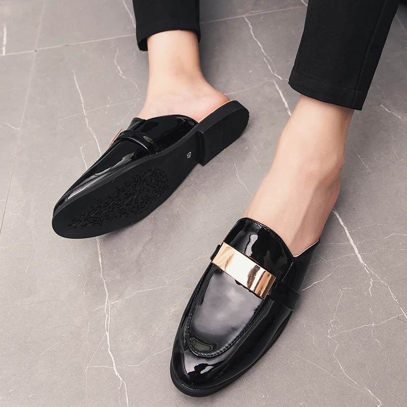 

Black half shoes Glossy mules Slippers leather shoes casual shoes men fashion sapato social masculino mocassin homme chaussure