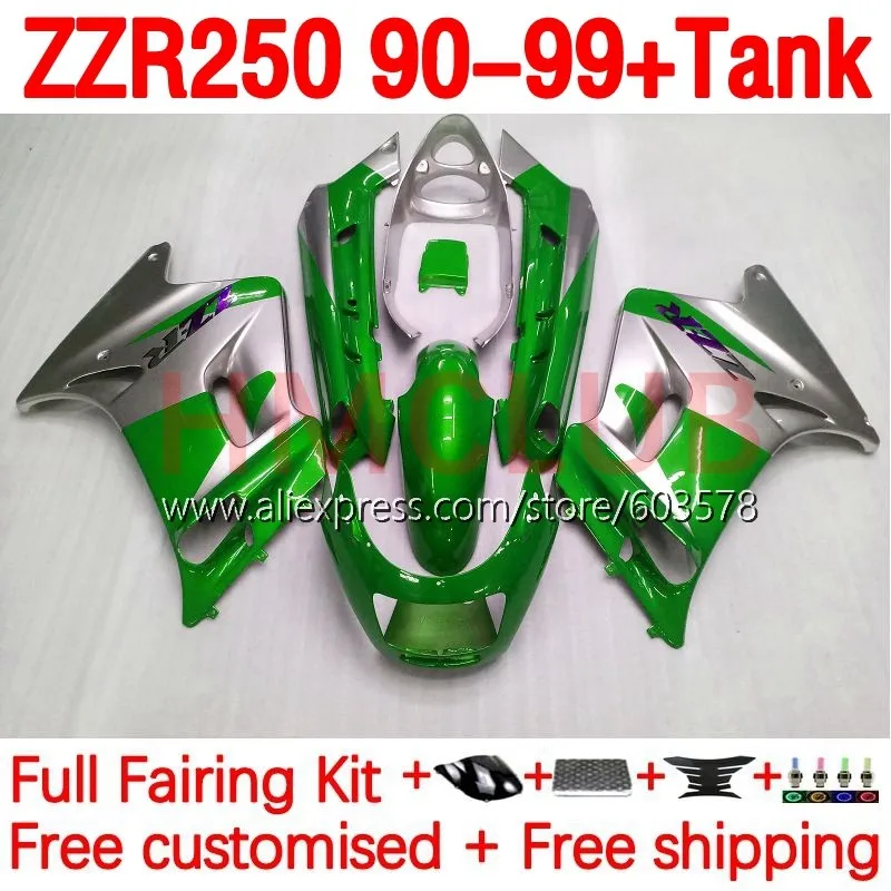 

+Tank Body For KAWASAKI NINJA ZZR250 ZZR-250 90-99 ZZR 250 1990 1999 90 91 92 93 94 95 96 97 98 99 green blk Fairing 200No.185