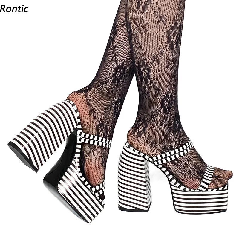 

Мюли Rontic женские на платформе, лакированные сандалии на массивном каблуке, квадратный носок, обувь для косплея в полоску, черные, размеры 4-12, лето