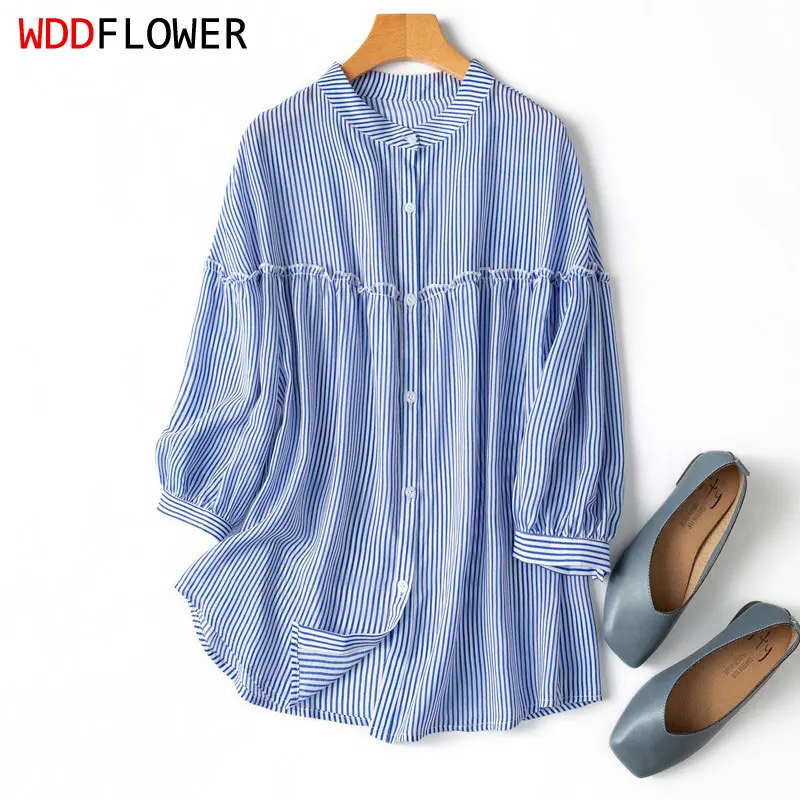 Women 100% Mulberry Silk Crepe Silk Loose Type Buttons Down Blue Stripes printed Half Sleeve Shirt Top Blouse Plus Size MM256
Women 100% Mulberry Silk Crepe Silk Loose Type Buttons Down Blue Stripes printed Half Sleeve Shirt Top Blouse Plus Size MM256