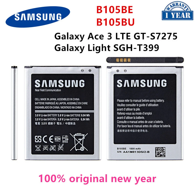 SAMSUNG Orginal B105BE B105BU Battery 1800mAh For Samsung Galaxy Ace 3 LTE GT-S7275 S7275B S7275T S7275R Galaxy Light T399
SAMSUNG Orginal B105BE B105BU Battery 1800mAh For Samsung Galaxy Ace 3 LTE GT-S7275 S7275B S7275T S7275R Galaxy Light T399