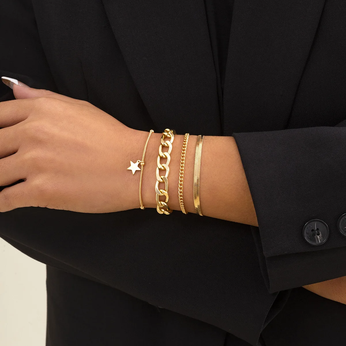 Simple Pentagram Pendant Bracelet Set Ladies Retro Fashion Gold Color Metal Flat Snake Chain Bead Bracelets Girl Lover Jewelry
Simple Pentagram Pendant Bracelet Set Ladies Retro Fashion Gold Color Metal Flat Snake Chain Bead Bracelets Girl Lover Jewelry