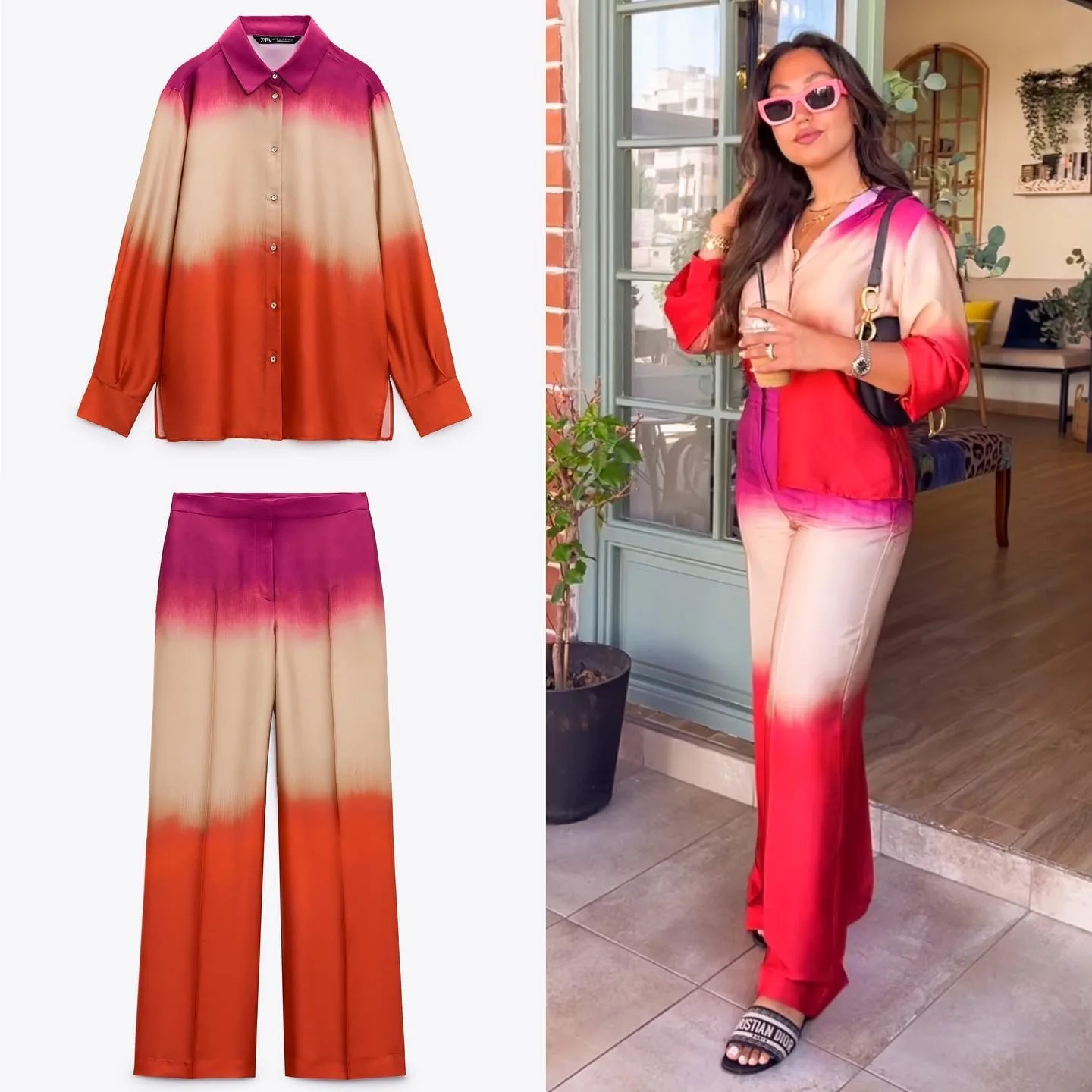 Fashionable New Long sleeved Polo Neck Tie Dyed Printed Shirt Slim and High Waist Wide Leg Pants
Fashionable New Long sleeved Polo Neck Tie Dyed Printed Shirt Slim and High Waist Wide Leg Pants