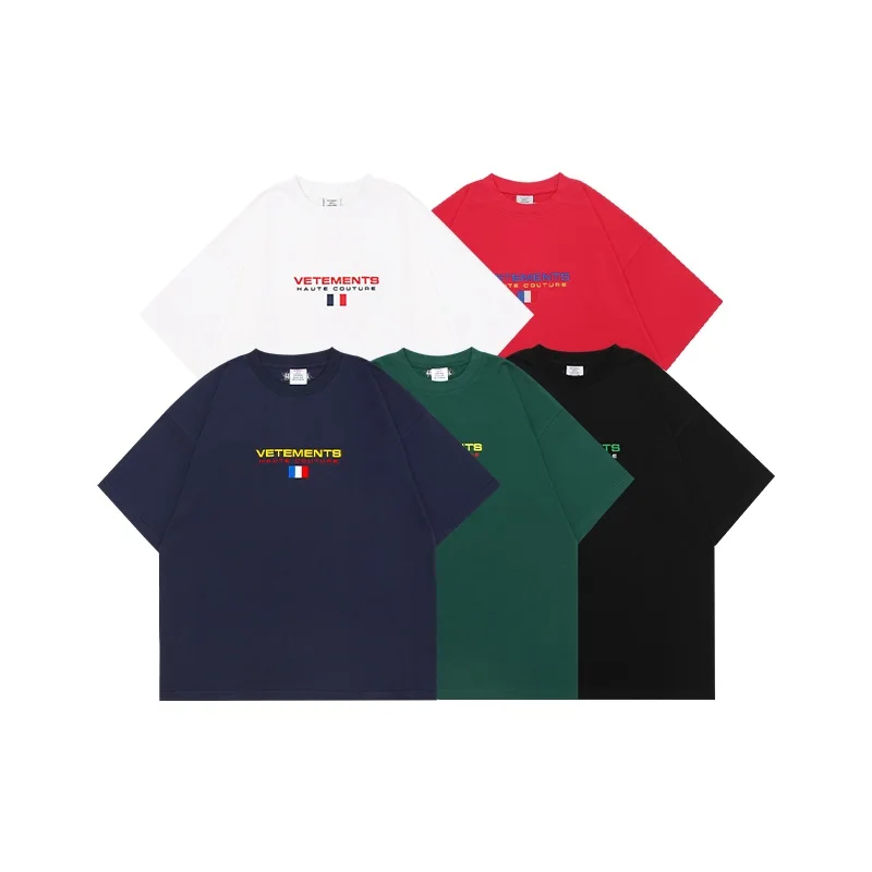 

Colourful Embroidered Vetements Logo T Shirt Men Women 1:1 High Quality Haute Couture Flag Tee VTM Tops Short Sleeve Streetwear