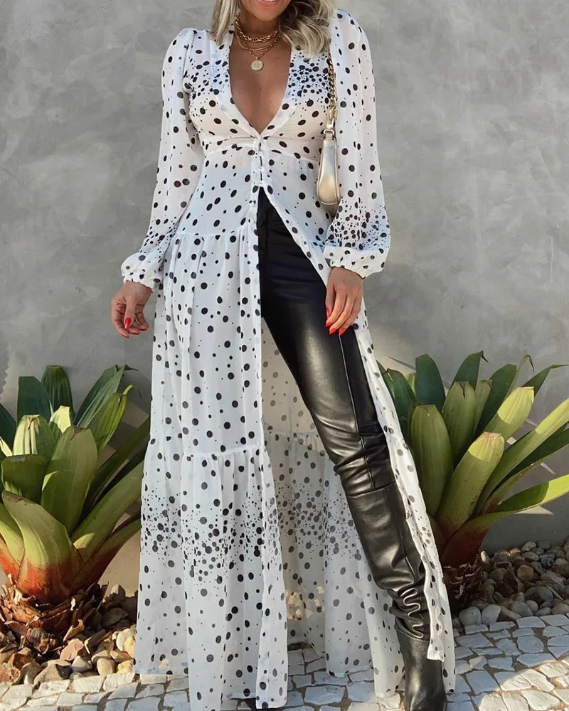 Polka Dot Long Sleeve Button Front Maxi Dress Women Casual Summer V Neck High Waist Corset Slit Long Bohemian Vacation Dress
Polka Dot Long Sleeve Button Front Maxi Dress Women Casual Summer V Neck High Waist Corset Slit Long Bohemian Vacation Dress