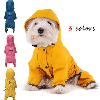 Dog Raincoat with Hood for Puppy Small Medium Dogs Solid Puppy Clothes Reflective Pets Cats Outwear Four Legged Solid Jacket