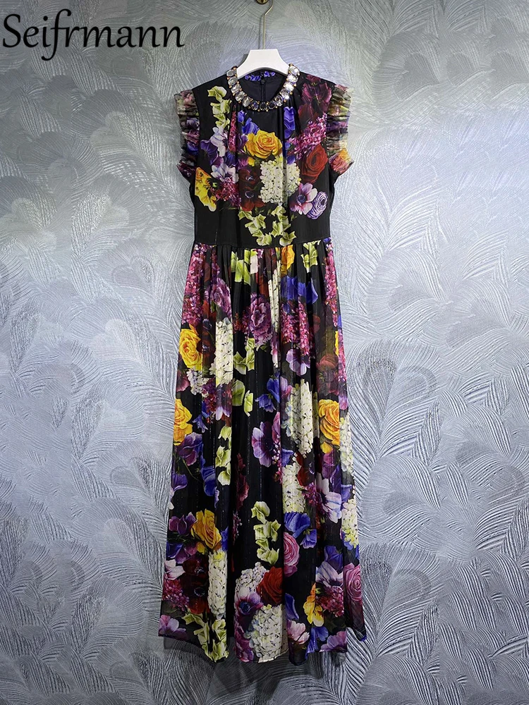 Seifrmann High Quality Summer Women Fashion Designer Holiday Long Dress Short Sleeve Ruffles Crystal Floral Lady Printed Dresses 
Seifrmann High Quality Summer Women Fashion Designer Holiday Long Dress Short Sleeve Ruffles Crystal Floral Lady Printed Dresses