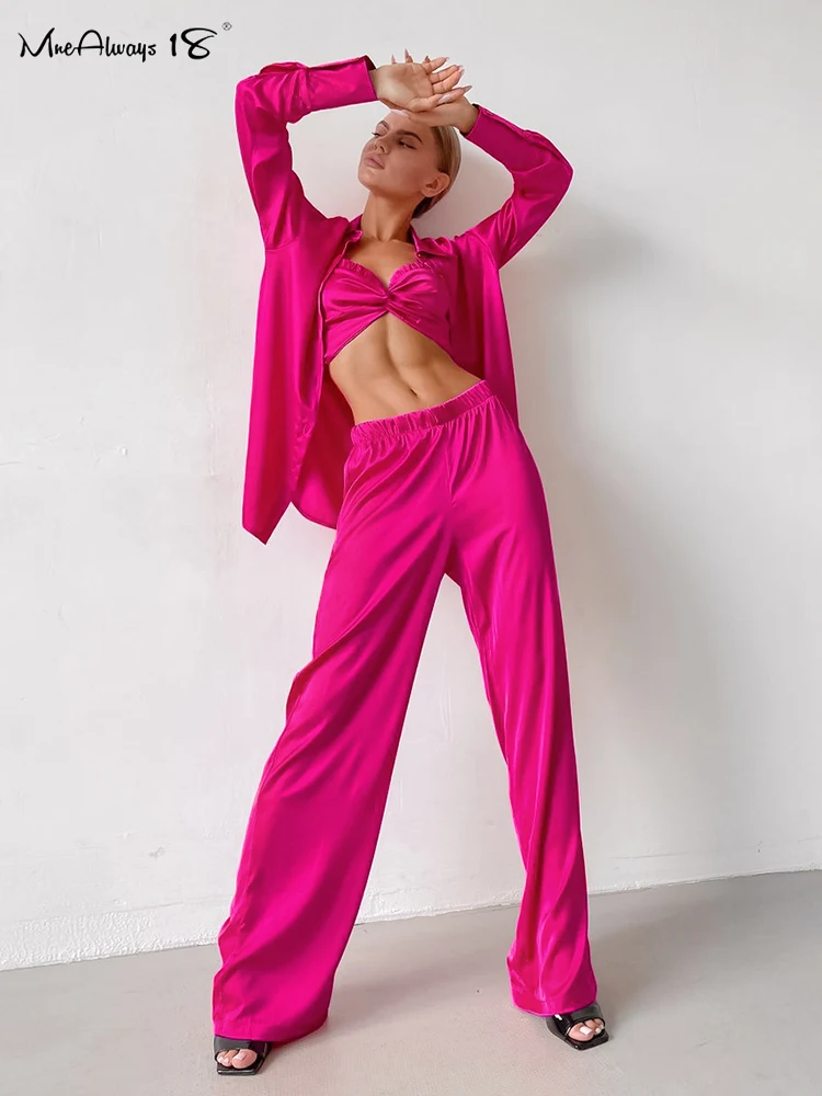 

Mnealways18 Long Sleeves Pants Suits Satin Fashion 3 Pieces Casual Sets Camisole With Baggy Pants Drape Shirts Woman Summer 2023