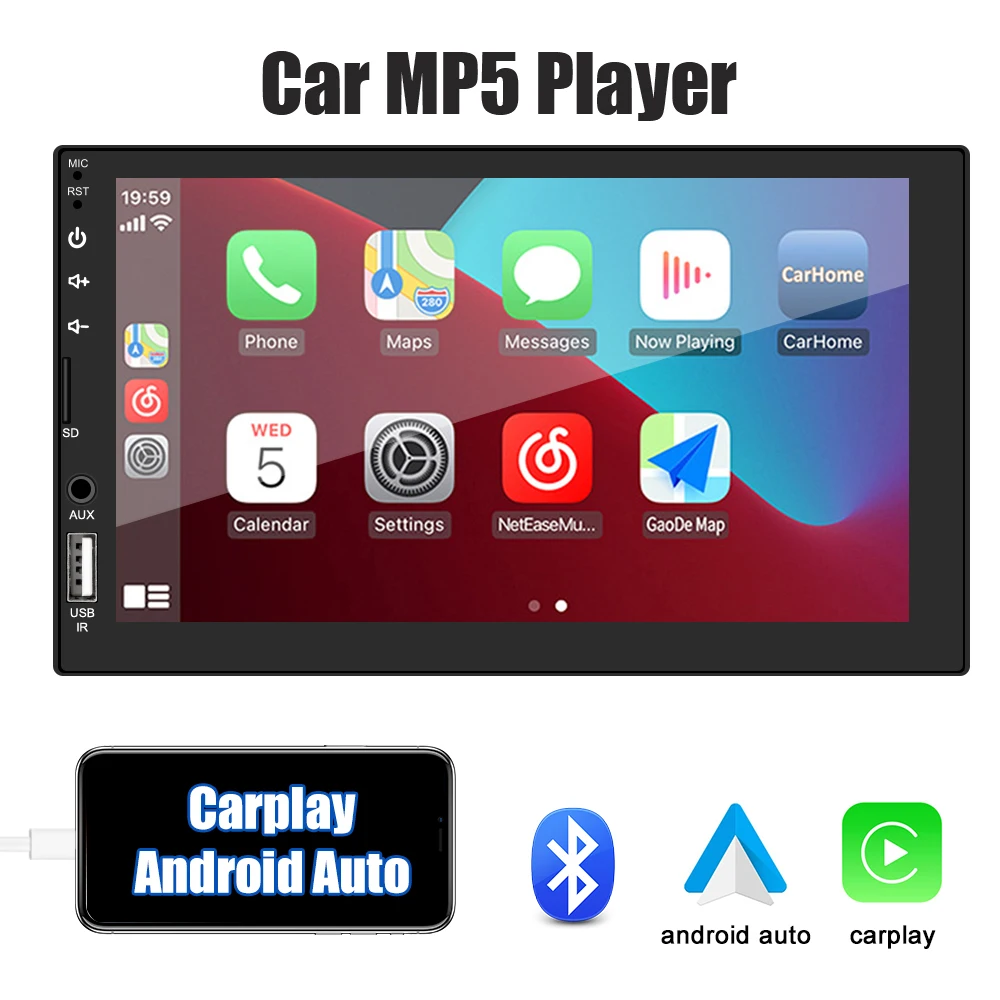 

Мультимедийный плеер CarPlay, 2 Din, Bluetooth, FM-приемник, 7-дюймовый сенсорный экран MirrorLink, MP5, TF, USB, автомобильное радио, громкая связь, видео, аудио