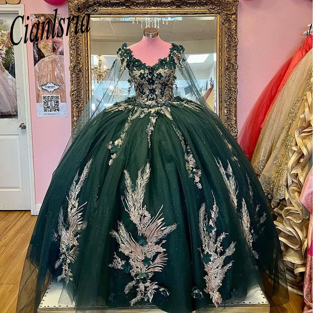 

Изумрудно-зеленое платье с открытыми плечами и кристаллами, бальное платье-накидка с 3D цветочной аппликацией, корсет, платье 15 лет