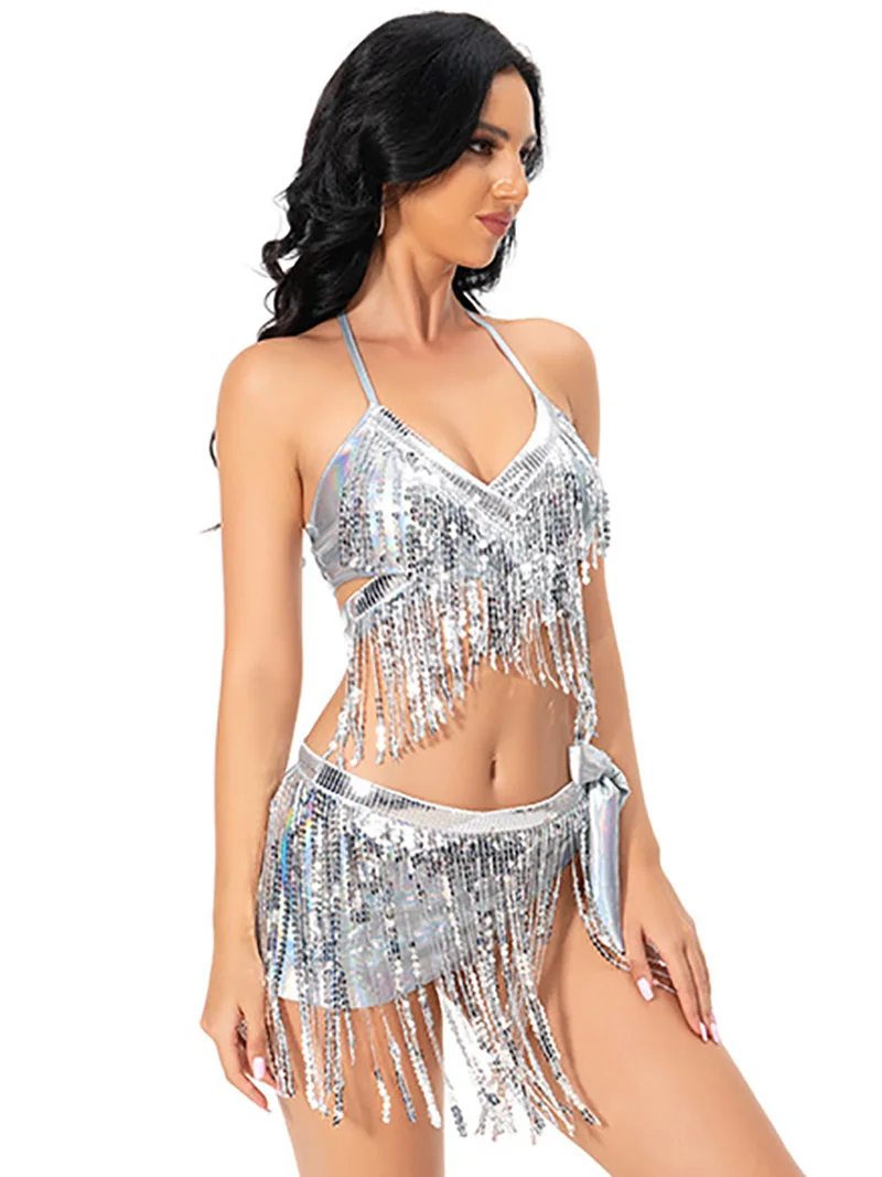 Women Metallic Shiny Tassels Rave Outfit Latin Dance Clubwear Dancewear Removable Padded Bra Crop Top Mini Skirt Thong Briefs
Women Metallic Shiny Tassels Rave Outfit Latin Dance Clubwear Dancewear Removable Padded Bra Crop Top Mini Skirt Thong Briefs