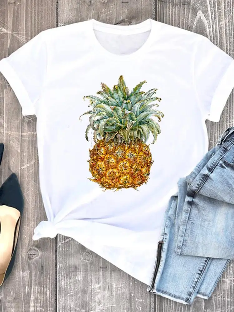 

Футболка женская с принтом, модный топ с коротким рукавом, с рисунком акварели, фруктов, ананасов, летняя с графическим принтом
