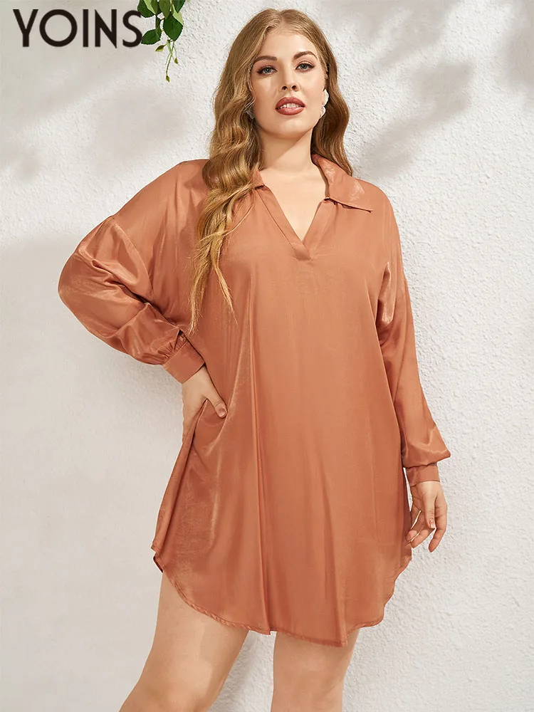 

YOINS Women Dress Autumn 2023 Long Sleeve Loose Curved Hem Solid Irregular Vestidos Shirt Dresses Plus Size 4XL Party Female