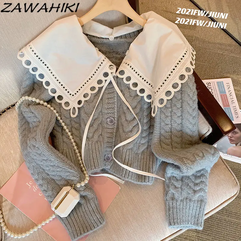 ZAWAHIKI Winter Spring Peter Pan Collar Sweaters Long Sleeve Contrast Color Sweet Knitted Cardigan Thick Short Sweater Tops New
ZAWAHIKI Winter Spring Peter Pan Collar Sweaters Long Sleeve Contrast Color Sweet Knitted Cardigan Thick Short Sweater Tops New