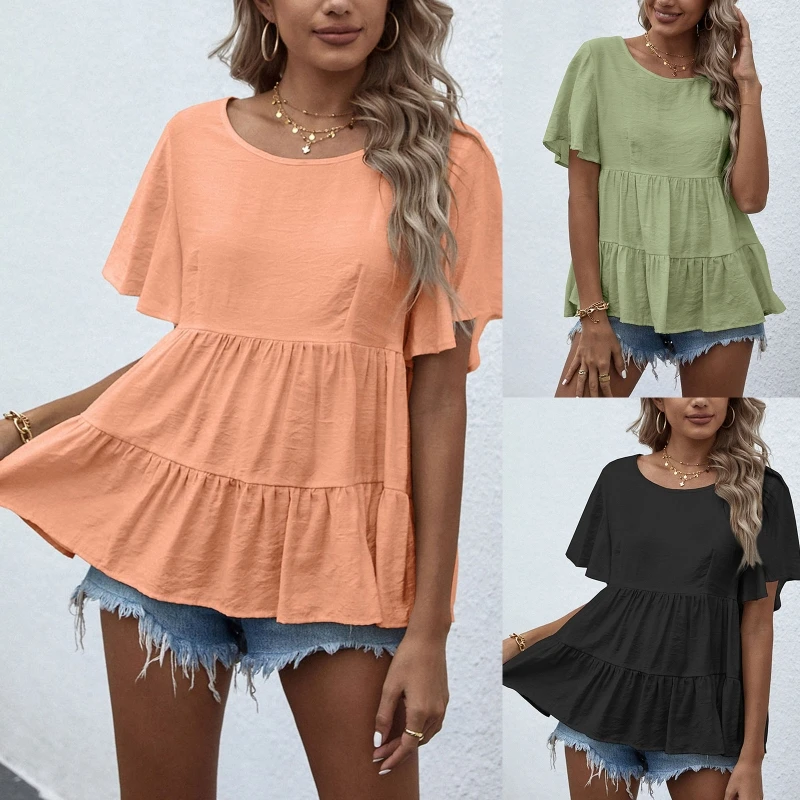 Women Flare Short Sleeve Round Neck Shirts Simple Solid Color Pleated Ruffles Flowy Hem Blouse Casual Loose Peplum Tops
Women Flare Short Sleeve Round Neck Shirts Simple Solid Color Pleated Ruffles Flowy Hem Blouse Casual Loose Peplum Tops