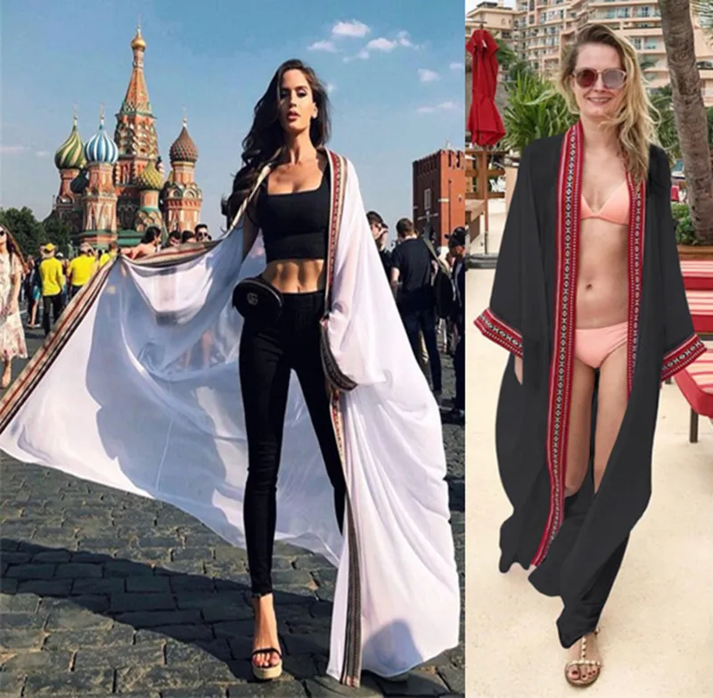 Шифоновая накидка на бикини с вышивкой, пикантное длинное кимоно с рукавом три четверти и разрезом спереди, женская пляжная одежда 
Шифоновая накидка на бикини с вышивкой, пикантное длинное кимоно с рукавом три четверти и разрезом спереди, женская пляжная одежда