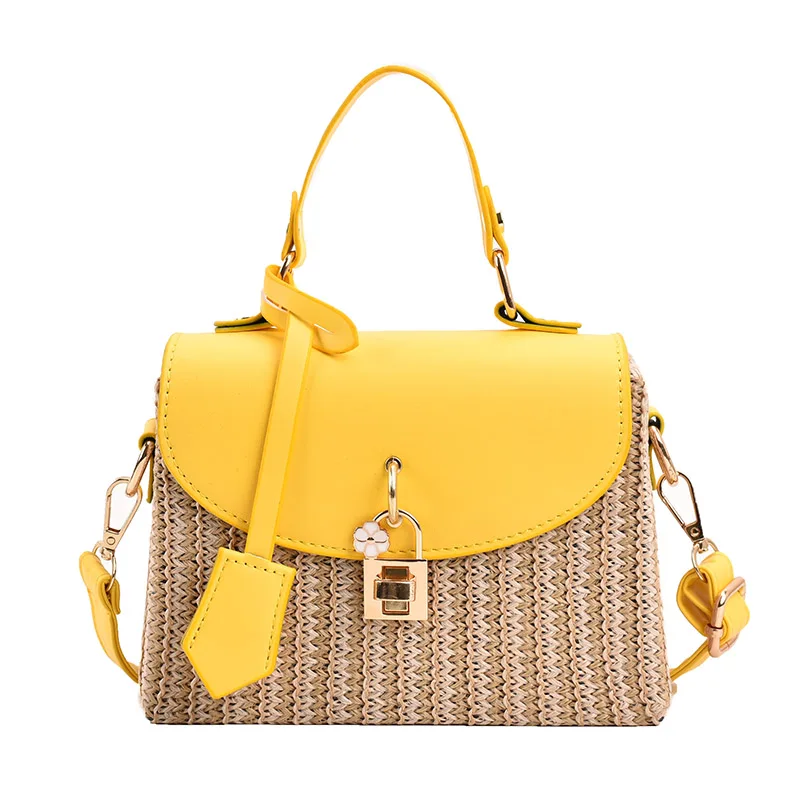 

Summer Casual Straw Box Small Flap Bag Design Splicing Pu Leather Handbag Chic Lock Wicker Woven Shoulder Crossbody Bag Female