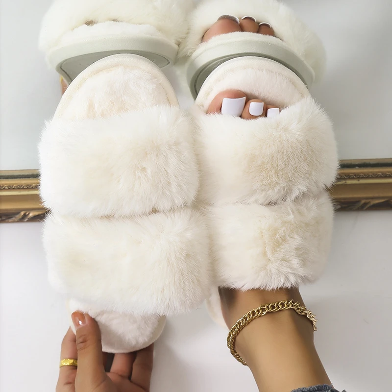 

2022 Nieuwe Vrouwen Huis Slippers Faux Fur Warm Platte Schoenen Vrouwelijke Slip Op Home Harige Dames Slippers Maat 36-43 Schoen