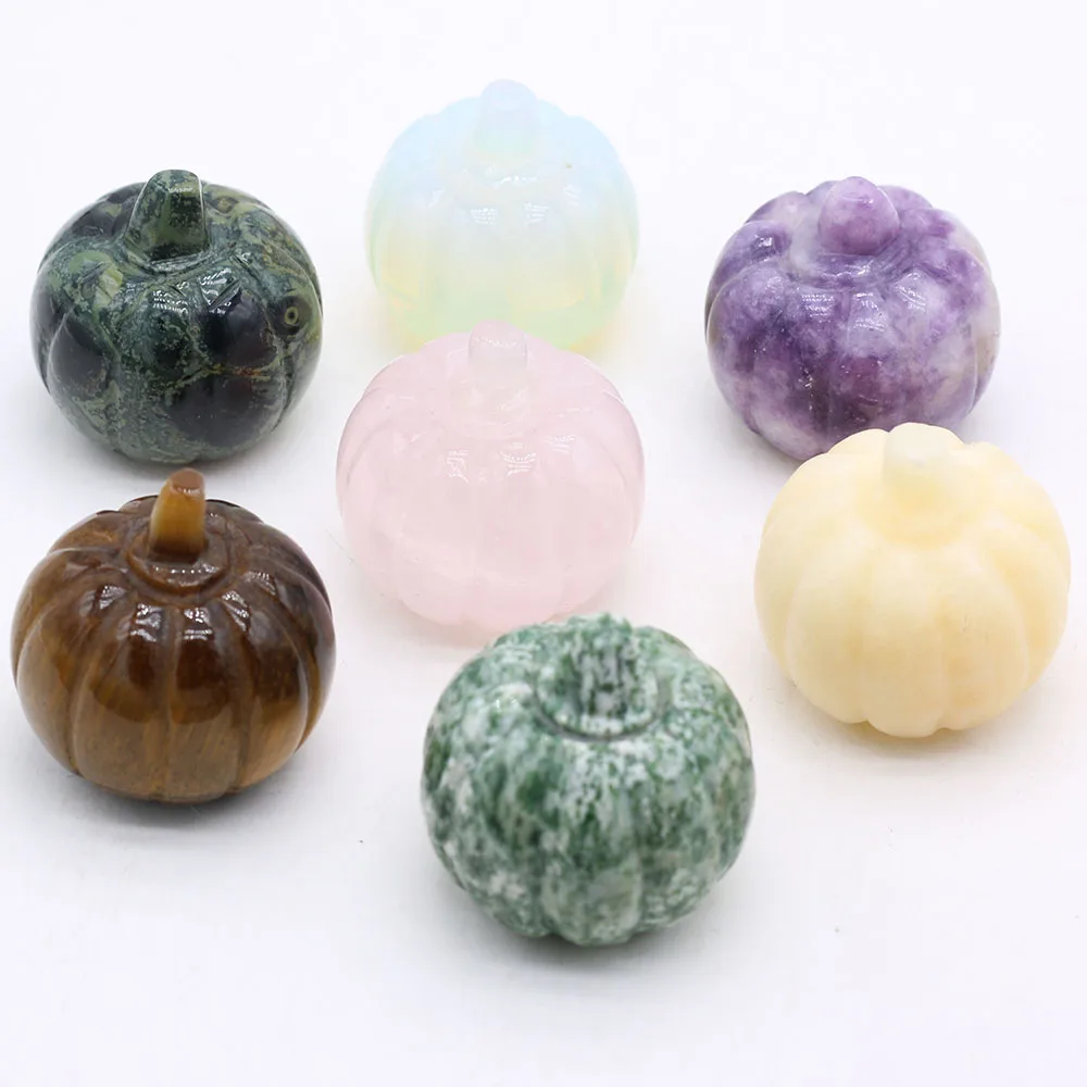 

Cute Natural Amethyst Rose Quartz Opal Tiger Gemstone Carved Pumpkin Ornament Healing Crystals Stone Home Decor DIY Crafts Gift