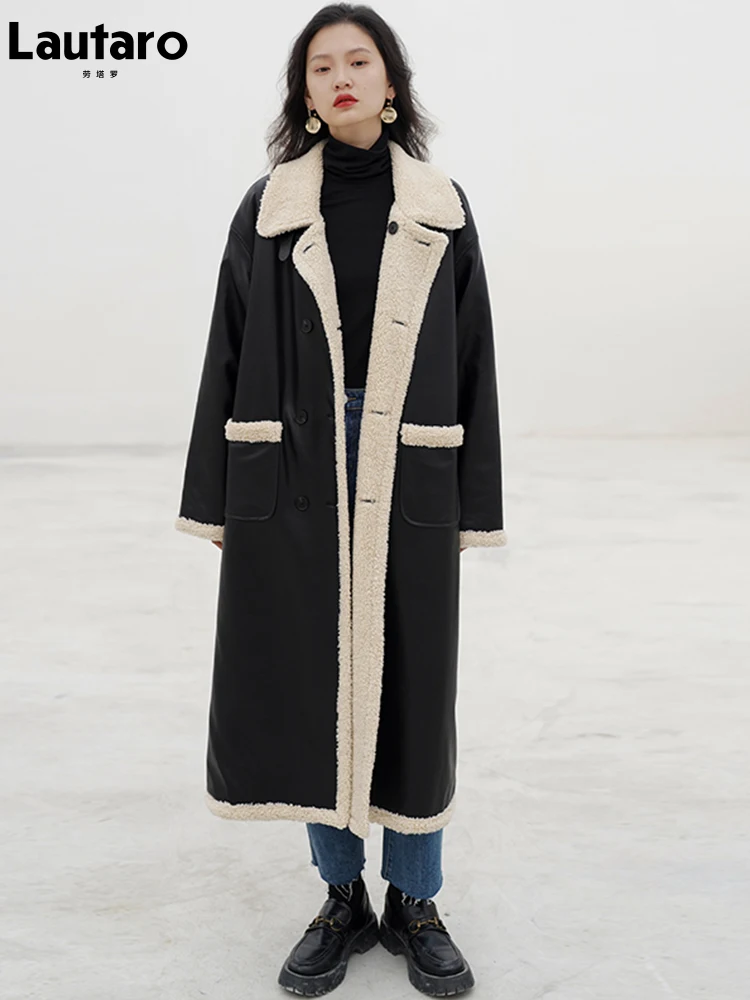 

Lautaro Winter Long Warm Thick Reversible Faux Sheepskin Coat Women Pockets Double Breasted Luxury Designer European Fashion