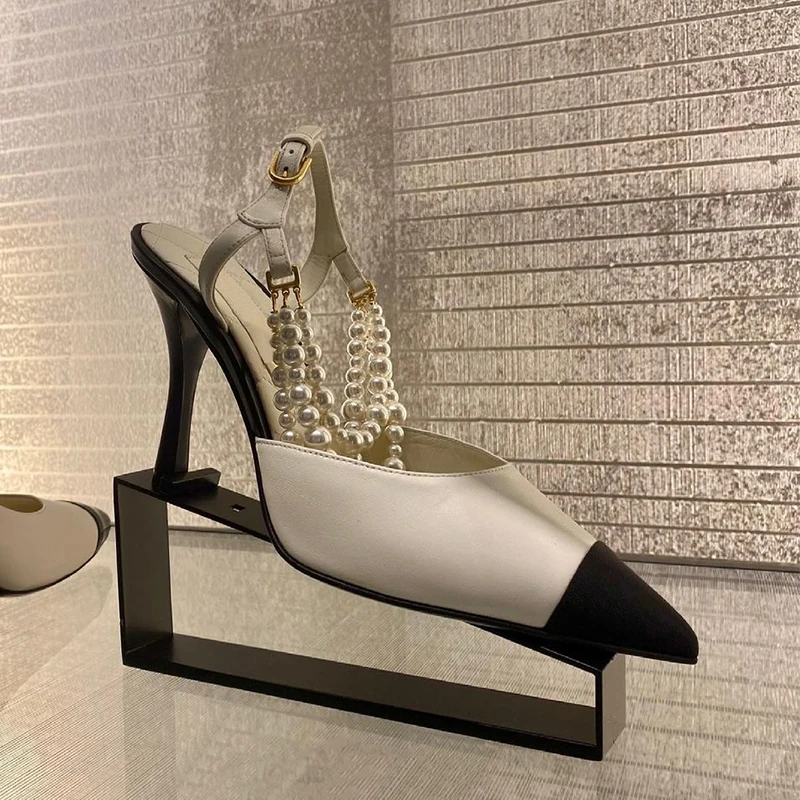 Женские туфли-лодочки в стиле пэчворк с жемчужными ремешками и заостренным носком, летние туфли на шпильке, женская обувь с ремешком на пятке