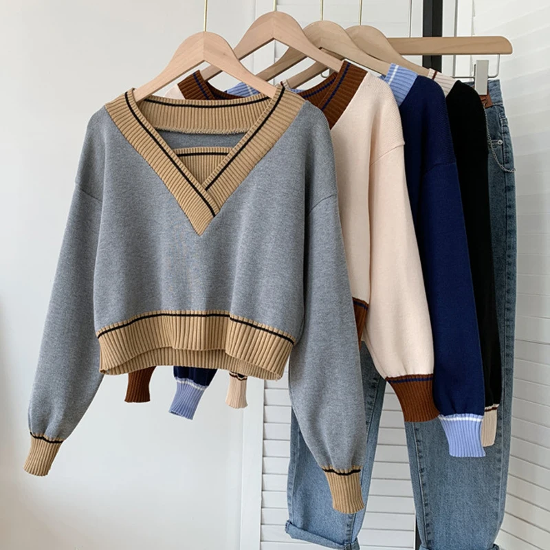 

Демисезонный пуловер с имитацией двух частей, вязаный Топ, повседневный модный контрастный вязаный свитер, женская одежда, универсальные корейские свитера