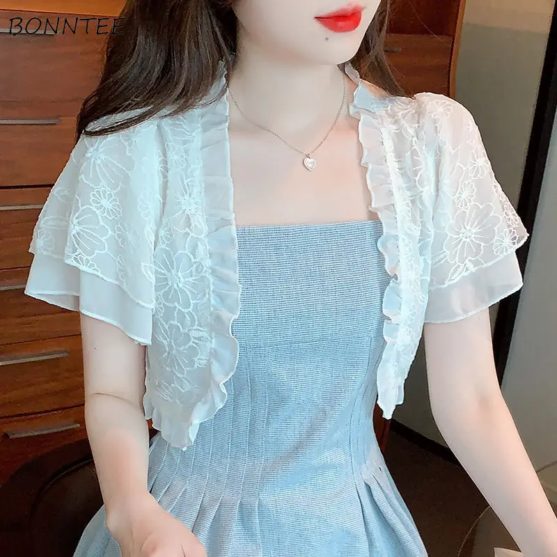 

Short Sleeve Blouses Women Cropped Lace Thin Summer Slim Elegant Tender OL Fashion Princess Design Cool Females Sun-proof Блузки