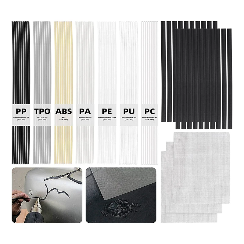 75Pcs 13 inch Plastic Welding Rods Assorted Set with Stainless Steel Mesh, Welding Strips for Car Bumpers Kayak Repairs
75Pcs 13 inch Plastic Welding Rods Assorted Set with Stainless Steel Mesh, Welding Strips for Car Bumpers Kayak Repairs