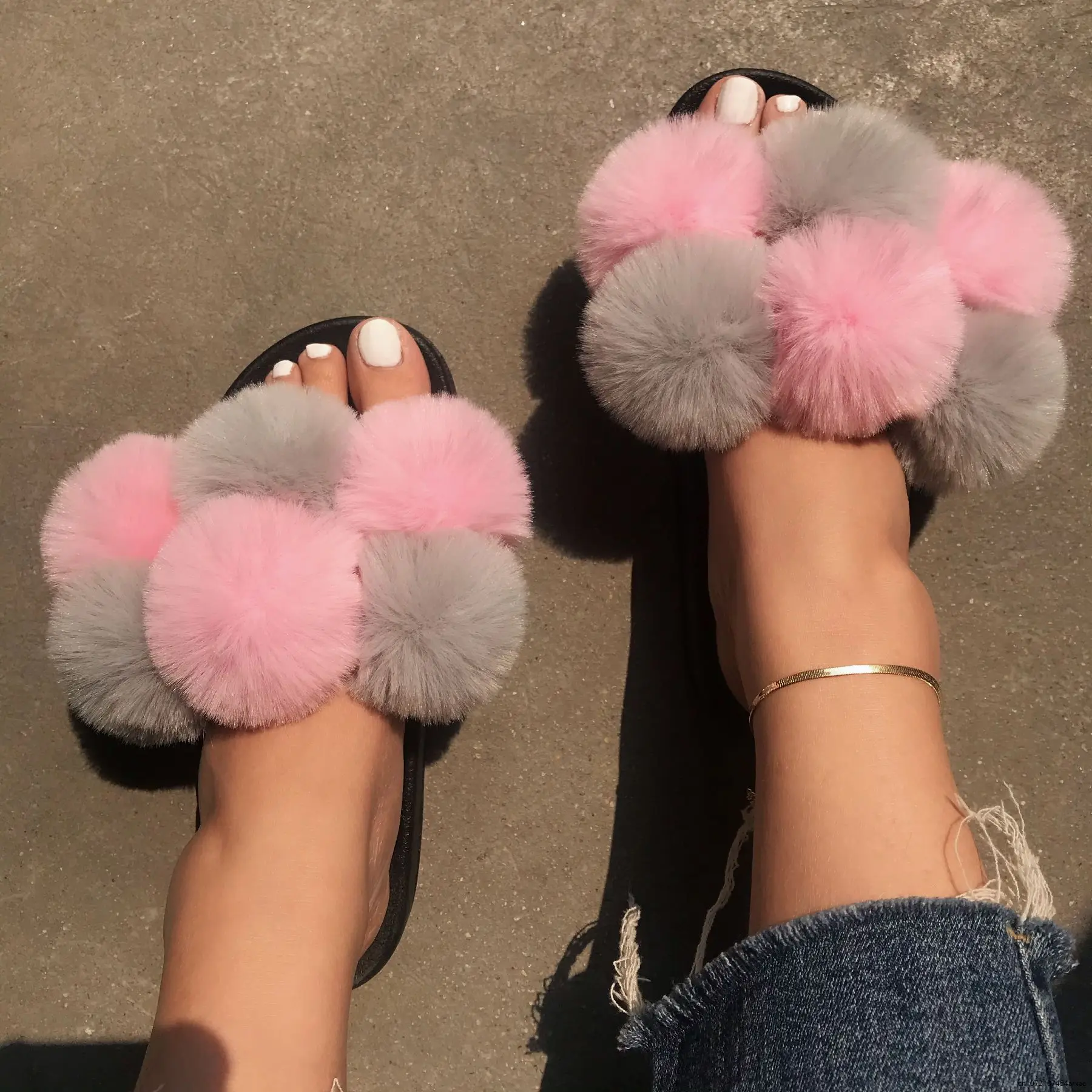 

Fluffy Raccoon Fur Slippers Shoes Women Fox Fur Flip Flop Flat Furry Fur Slides Outdoor Sandals Woman Amazing Shoes Drop Ship