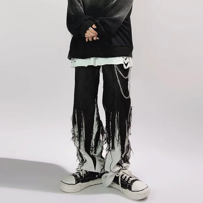 

Джинсы Darkwear в стиле хип-хоп для мужчин и женщин, брюки из денима в стиле пэчворк, прямые свободные повседневные штаны в стиле хиппи, уличная о...