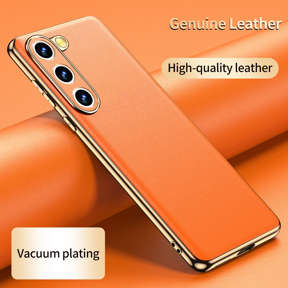 

LANGSIDI Luxury Plating Genuine leather Case For samsung s23 ultra s22 plus s21 Cases Lens Protection Covers fundas capa