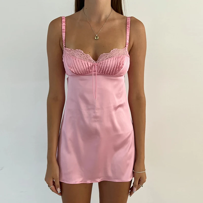 

Сексуальное розовое атласное мини-платье, шикарные женские винтажные платья со складками и открытой спиной, на бретелях-спагетти, Y2K, сказочное ретро-платье, клубная одежда