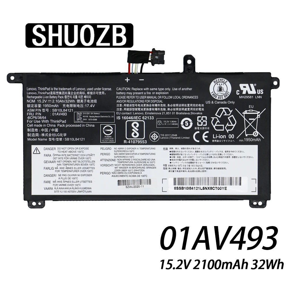 SHUOZB 01AV493 00UR890 00UR891 00UR892 Laptop Battery For Lenovo ThinkPad T570 T580 P51S P52S SB10L84121 2100mAh 32Wh 15.4V
SHUOZB 01AV493 00UR890 00UR891 00UR892 Laptop Battery For Lenovo ThinkPad T570 T580 P51S P52S SB10L84121 2100mAh 32Wh 15.4V