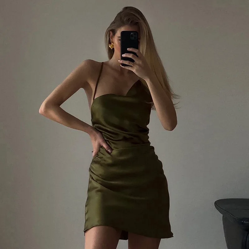 

Summer Asymmetrical Strap Satin Dresses Women Sleeveless Backless Ruched Solid Slim Dress Sexy Bandage Club Party Mini Sundress