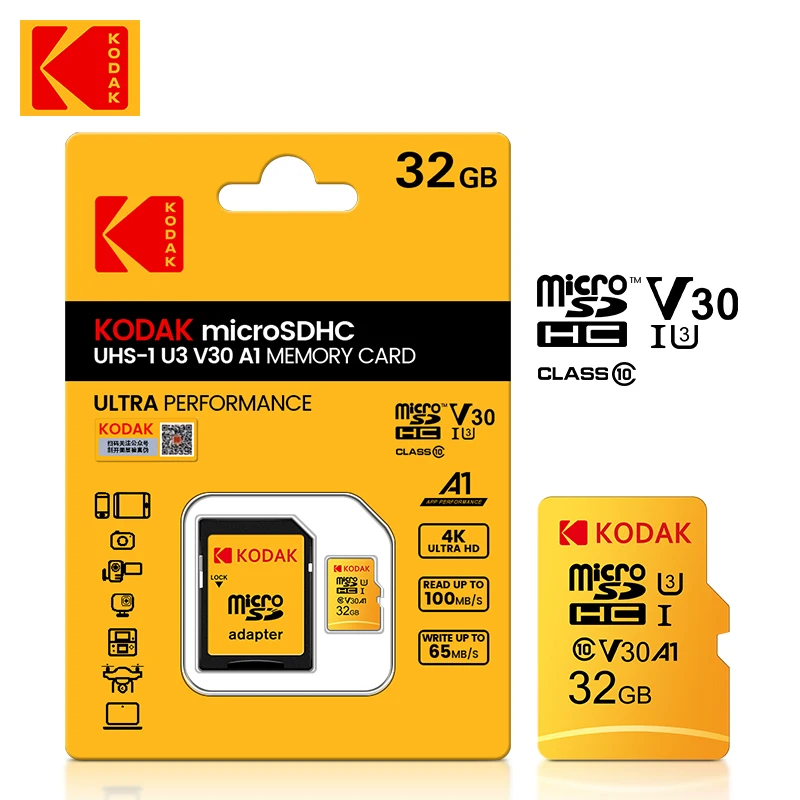 

100pcs Original KODAK Micro SD 32GB Memory Card 64GB U1 Micro sd Card 4K U3 cartao de memoria TF card Class 10 + SD adapter