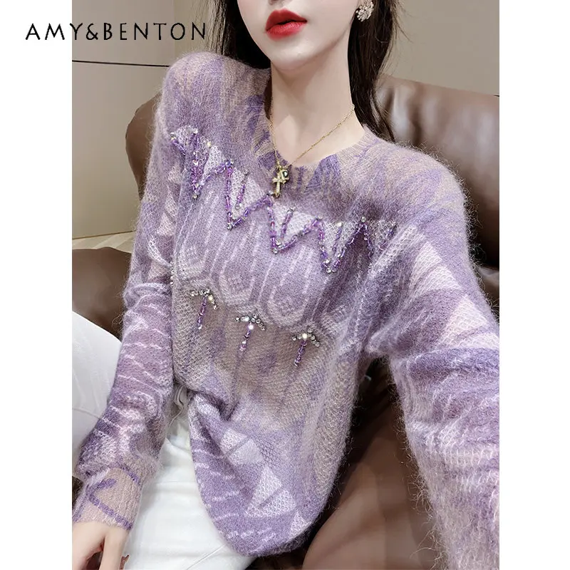 

New Fashion Jacquard Bead Long Sleeve Mohair Pullover Women's European Goods Autumn Sequins Loose-Fitting Anti-Aging Sweater