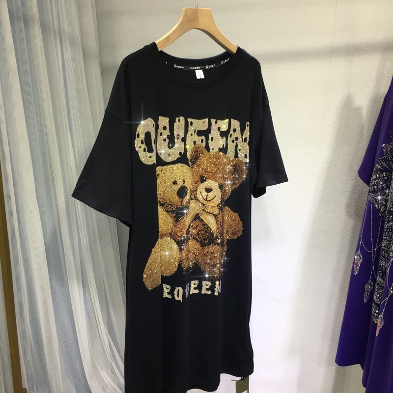 Luxury Cute Bear Hot Drilling Women Dresses Back Wings Loose Mid-long T-shirt Top O-neck Large Size Short Sleeve Black Minidress
Luxury Cute Bear Hot Drilling Women Dresses Back Wings Loose Mid-long T-shirt Top O-neck Large Size Short Sleeve Black Minidress
