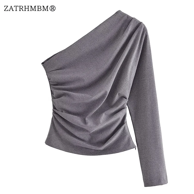 

ZATRHMBM, Новинка осени 2023, модная серая Асимметричная блузка, винтажные женские рубашки с длинным рукавом и боковой молнией, блузы, шикарные топы