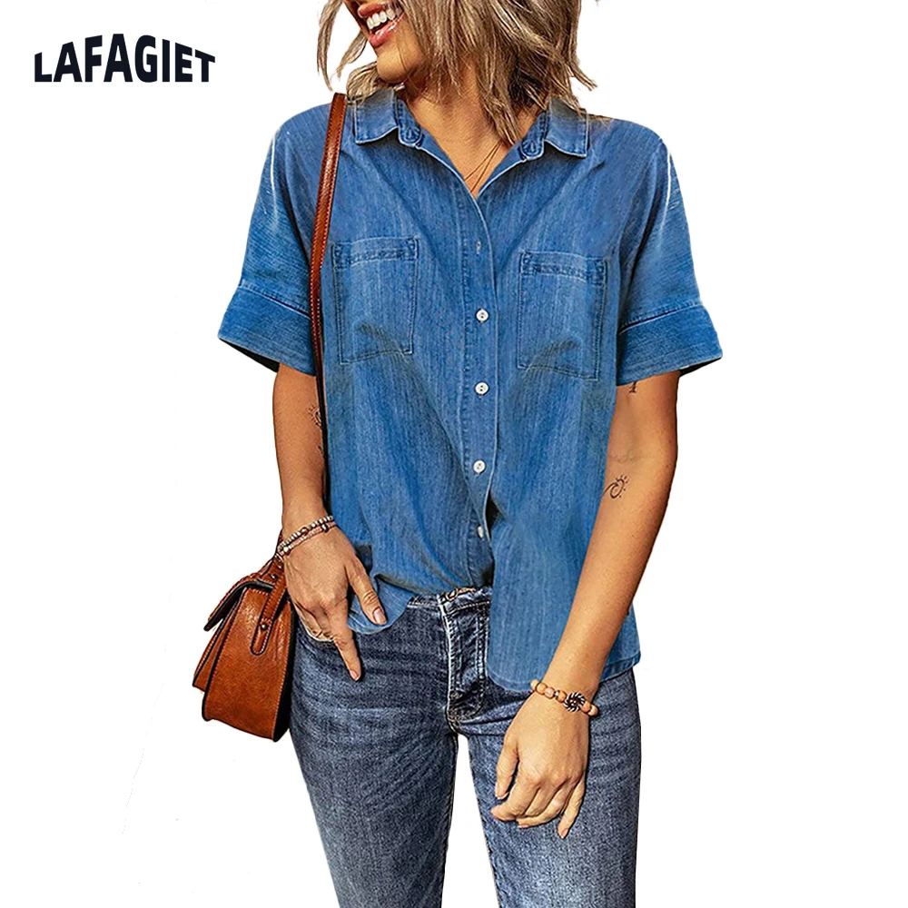 Summer Short Sleeve Women Shirt Fashion Single Breasted Lapel Ladies Denim Blouses Causal Loose Office Wear Women Jean Blouses
Summer Short Sleeve Women Shirt Fashion Single Breasted Lapel Ladies Denim Blouses Causal Loose Office Wear Women Jean Blouses