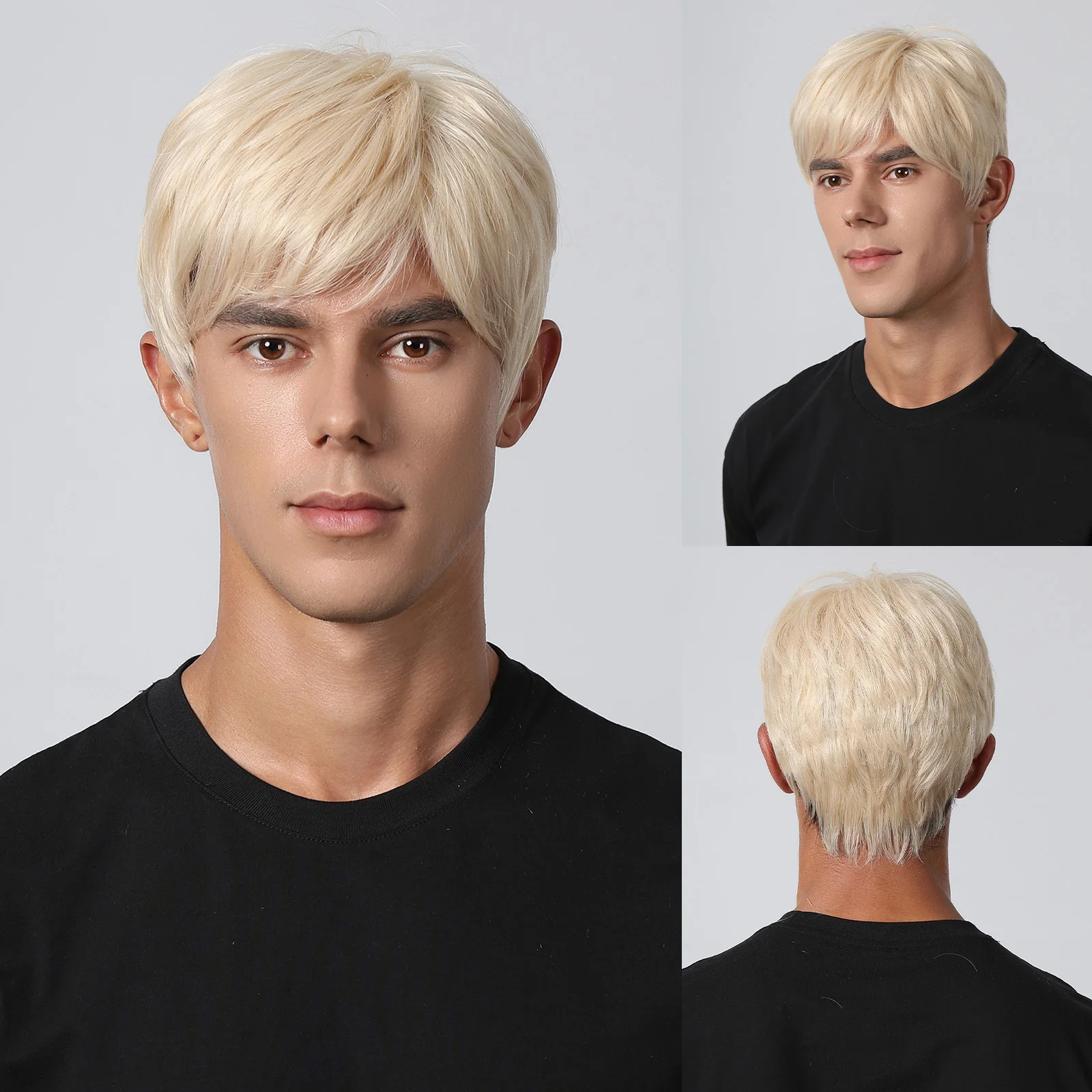 

Short Pixie Cut Blonde Synthetic Wigs Natural Straight Layered Wig for Men Party Daily Heat Resistant Male Fake Hair with Bangs