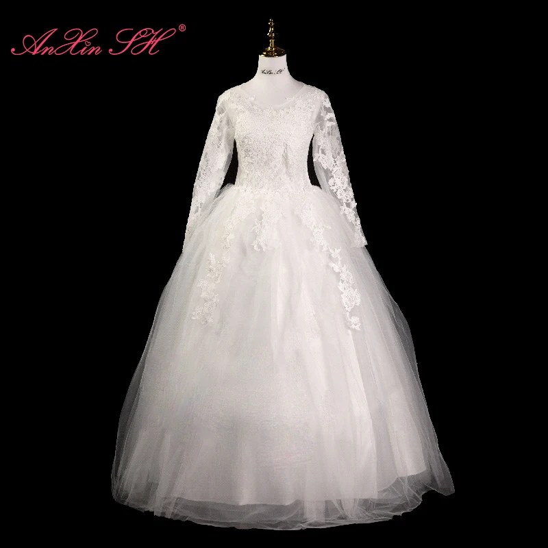 

Белое Кружевное блестящее бальное платье AnXin SH принцессы с круглым вырезом и длинным рукавом, на шнуровке, простое модное свадебное платье для невесты