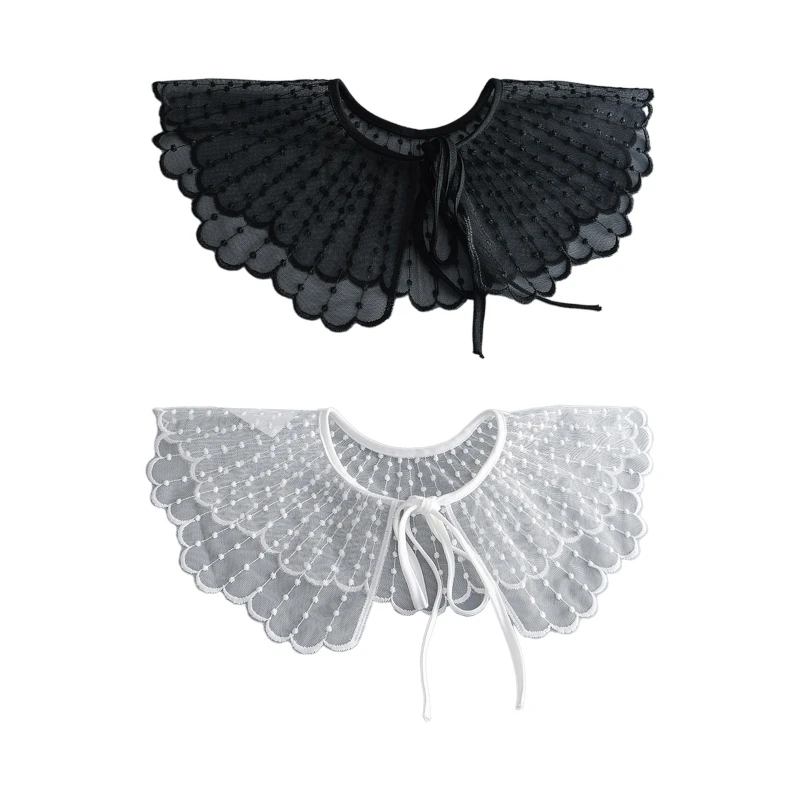 

Women Embroidery Dots Feather Shape Shawl Detachable Collar See-Through Shrug Cover Up Thin Lace-Up Scalloped Scarf Cape