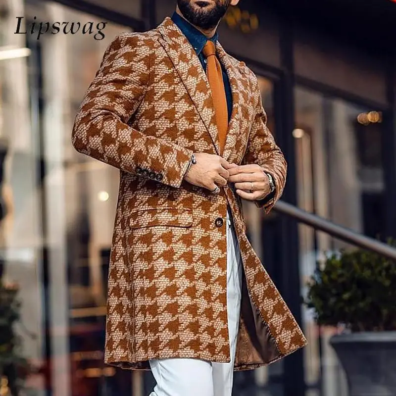

Houndstooth Midi Coats Men Vintage Lapel Double Breasted Woolen Blazers Office Formal Suit Jacket Men Winter Windbreaker Trench