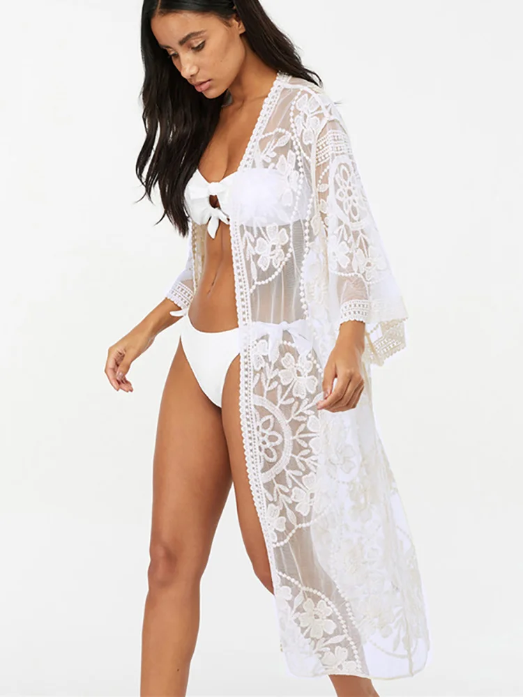 

Flower Lace Beach Cover Up Swimwear Kimono Flare Sleeve See Through Long Bikini Outer Cover Sexy Cover-Ups